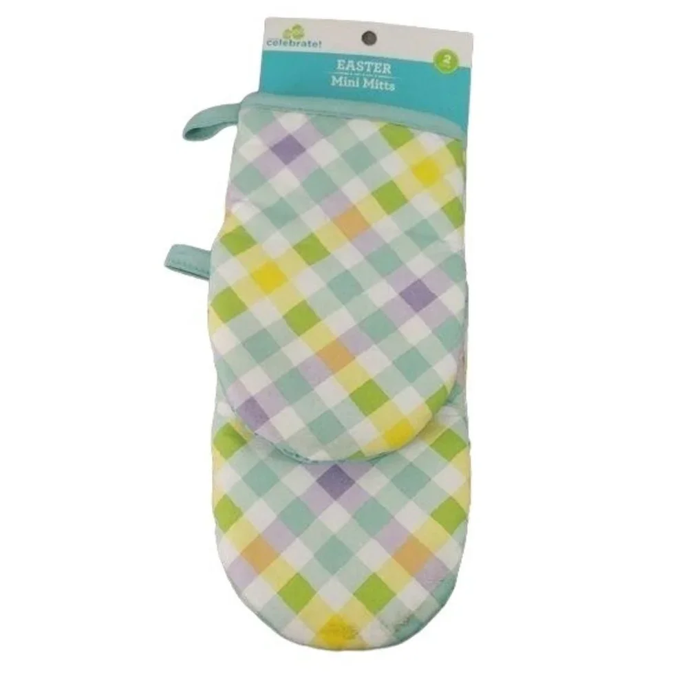 Easter Mini‎ Teal White Pink Colored Oven Mittens MITT 2 Pack Grabbers Hand